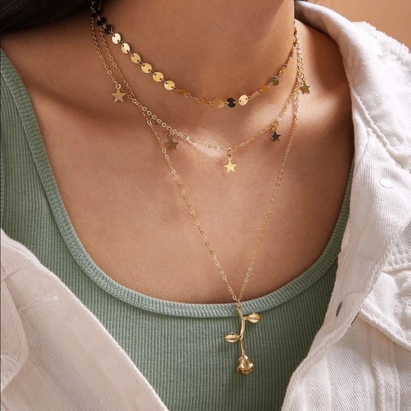 Jewelry - GOLD 3/$30 Rose & Disc Layered Necklace